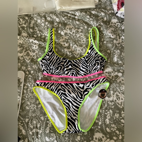 NWT No Boundaries Neon Zebra Print High Leg Bikini Swimsuit - Picture 1 of 7